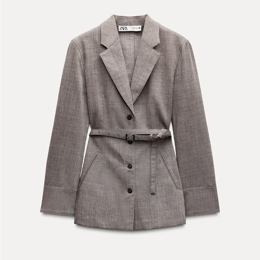 ZARA Brown Taupe 100% Wool Belted Blazer Jacket Coat  ZW Collection Gray XS NWT - Picture 5 of 16